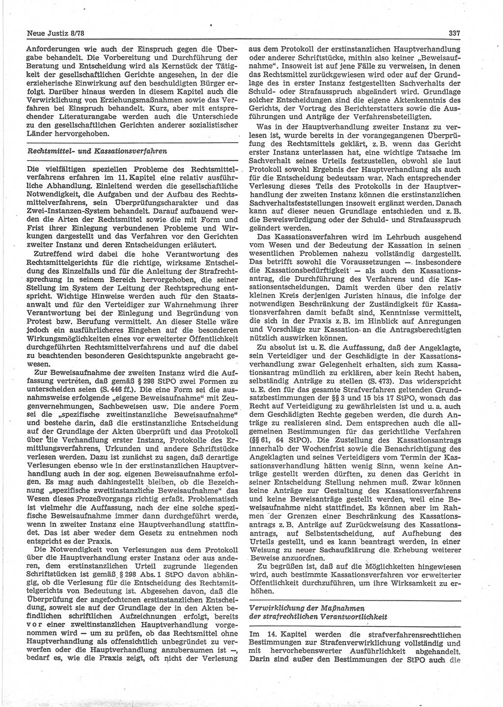 Neue Justiz (NJ), Zeitschrift für sozialistisches Recht und Gesetzlichkeit [Deutsche Demokratische Republik (DDR)], 32. Jahrgang 1978, Seite 337 (NJ DDR 1978, S. 337)