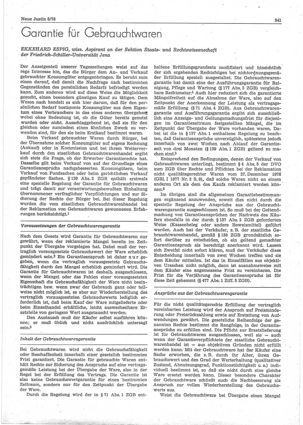 Neue Justiz (NJ), Zeitschrift für sozialistisches Recht und Gesetzlichkeit [Deutsche Demokratische Republik (DDR)], 32. Jahrgang 1978, Seite 341 (NJ DDR 1978, S. 341)