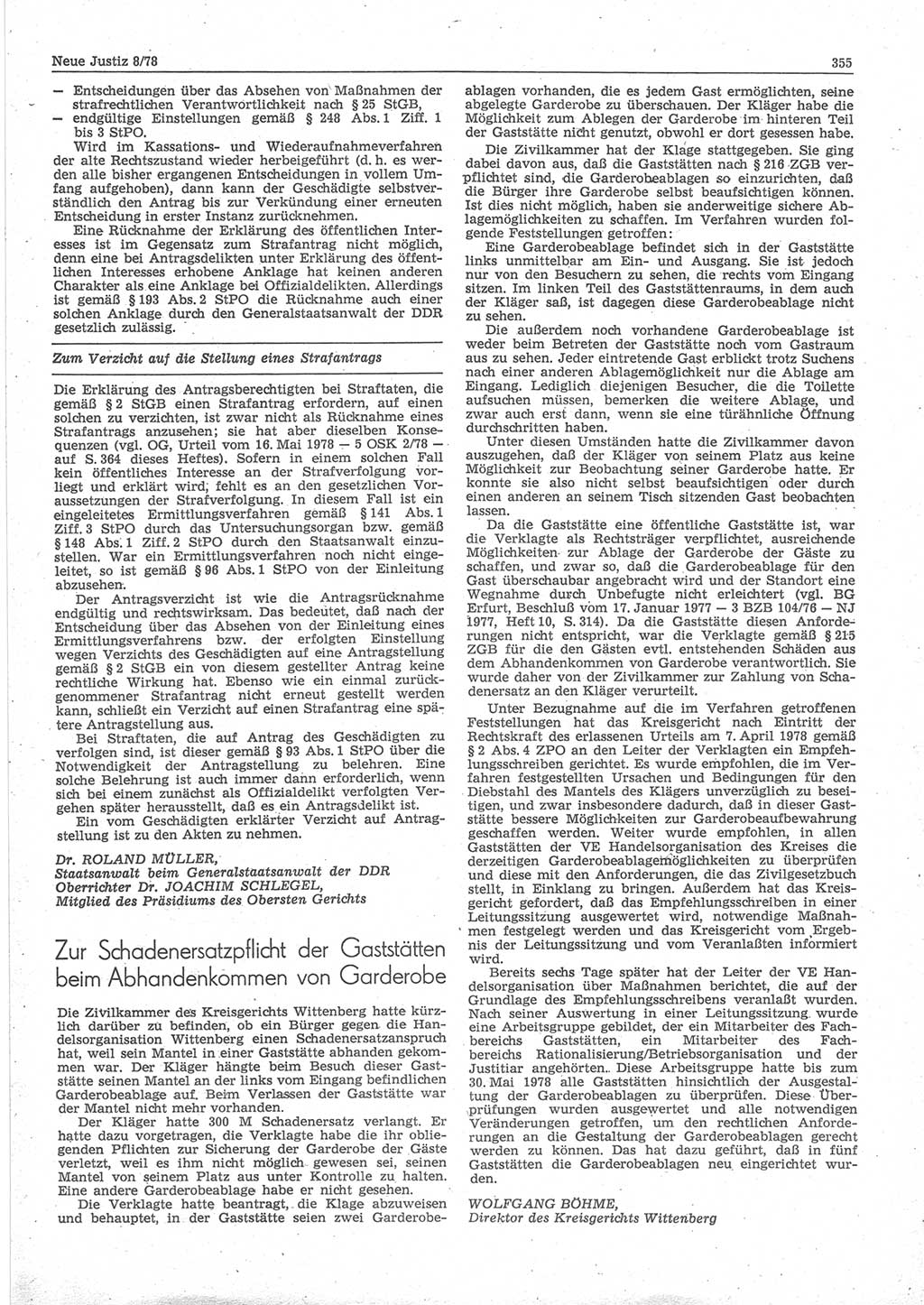 Neue Justiz (NJ), Zeitschrift für sozialistisches Recht und Gesetzlichkeit [Deutsche Demokratische Republik (DDR)], 32. Jahrgang 1978, Seite 355 (NJ DDR 1978, S. 355)