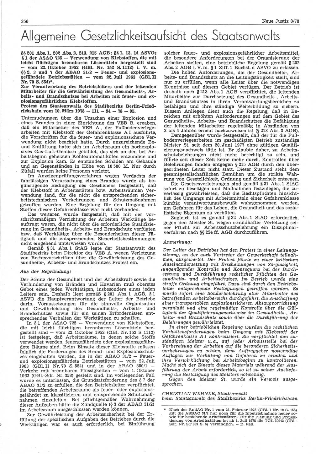 Neue Justiz (NJ), Zeitschrift für sozialistisches Recht und Gesetzlichkeit [Deutsche Demokratische Republik (DDR)], 32. Jahrgang 1978, Seite 356 (NJ DDR 1978, S. 356)