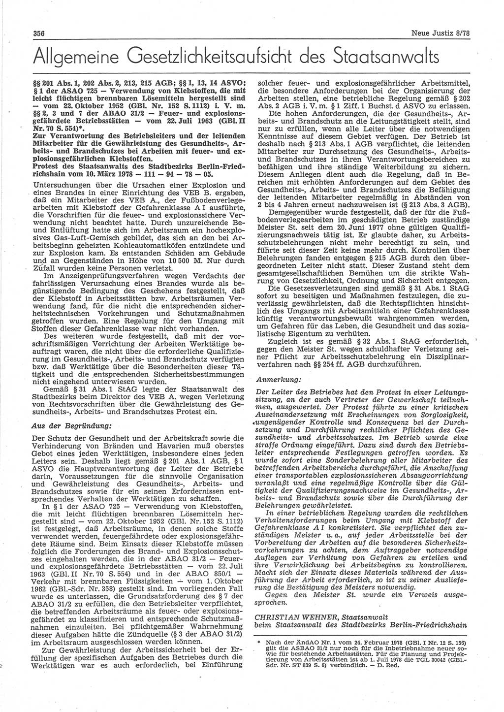 Neue Justiz (NJ), Zeitschrift für sozialistisches Recht und Gesetzlichkeit [Deutsche Demokratische Republik (DDR)], 32. Jahrgang 1978, Seite 356 (NJ DDR 1978, S. 356)