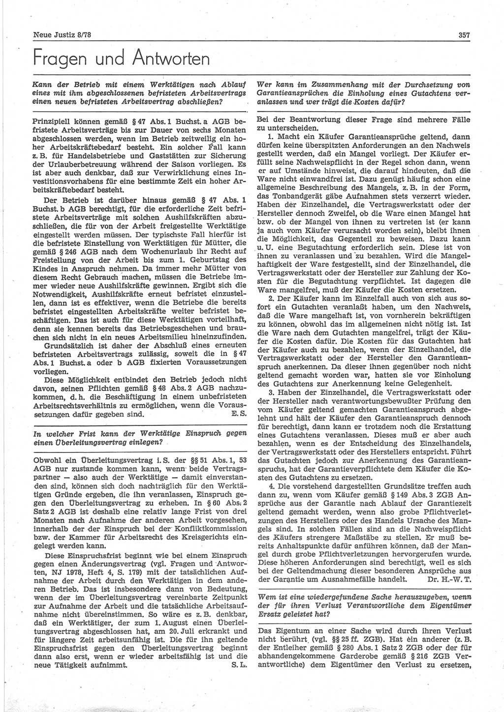 Neue Justiz (NJ), Zeitschrift für sozialistisches Recht und Gesetzlichkeit [Deutsche Demokratische Republik (DDR)], 32. Jahrgang 1978, Seite 357 (NJ DDR 1978, S. 357)