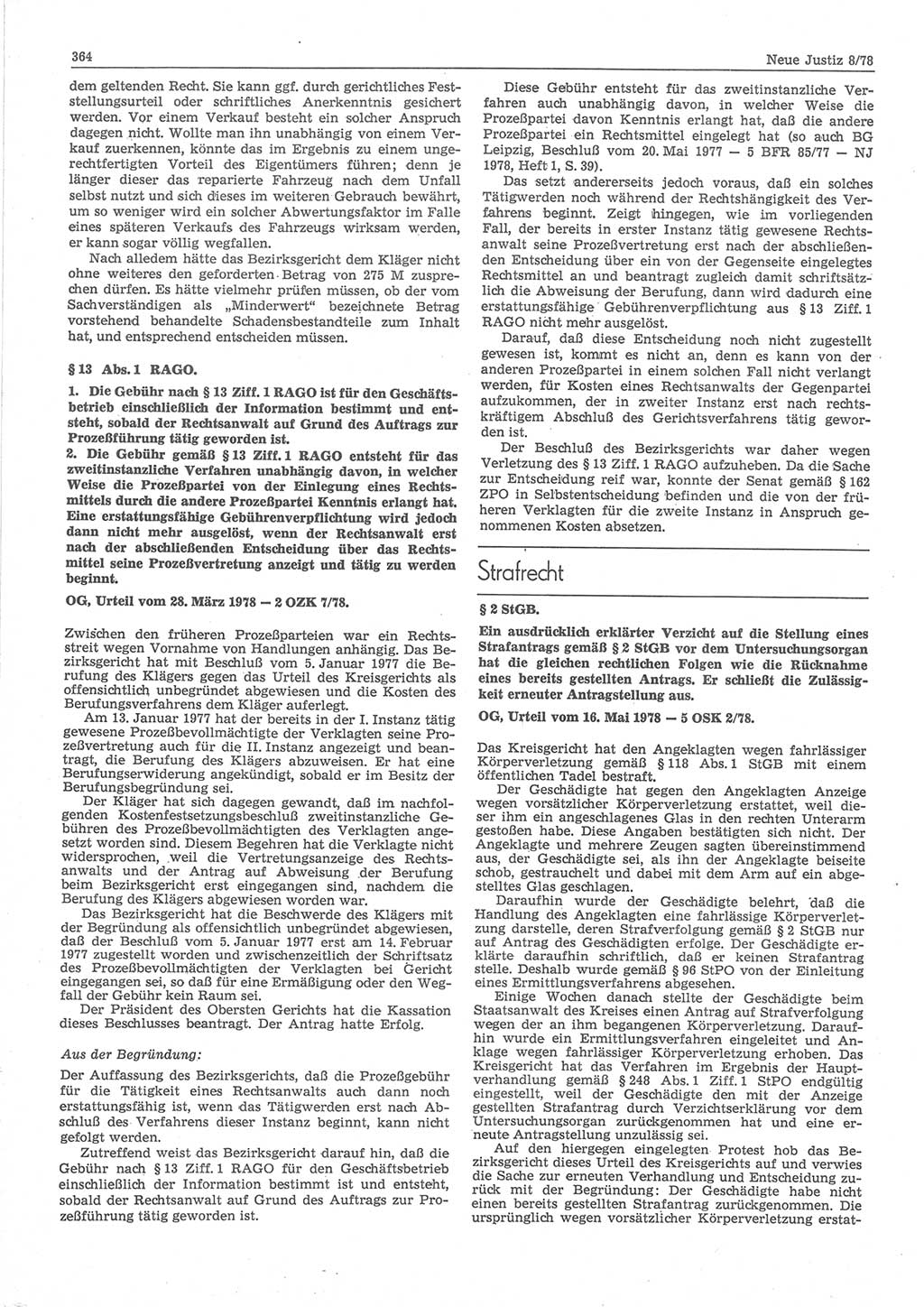 Neue Justiz (NJ), Zeitschrift für sozialistisches Recht und Gesetzlichkeit [Deutsche Demokratische Republik (DDR)], 32. Jahrgang 1978, Seite 364 (NJ DDR 1978, S. 364)