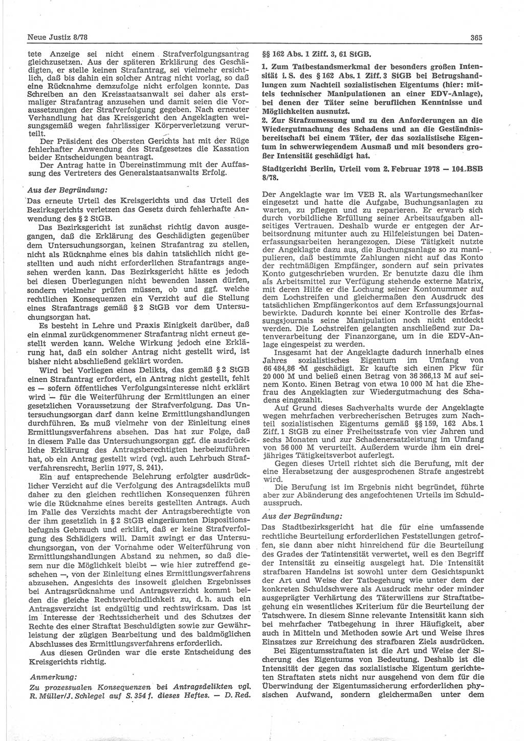 Neue Justiz (NJ), Zeitschrift für sozialistisches Recht und Gesetzlichkeit [Deutsche Demokratische Republik (DDR)], 32. Jahrgang 1978, Seite 365 (NJ DDR 1978, S. 365)