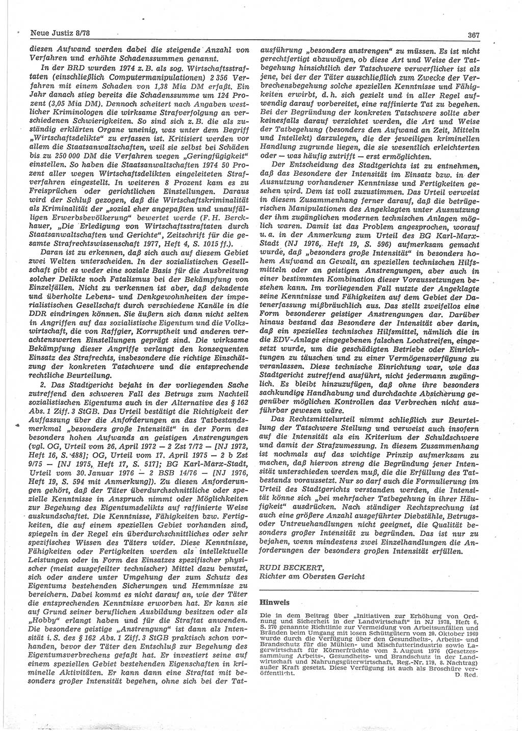 Neue Justiz (NJ), Zeitschrift für sozialistisches Recht und Gesetzlichkeit [Deutsche Demokratische Republik (DDR)], 32. Jahrgang 1978, Seite 367 (NJ DDR 1978, S. 367)