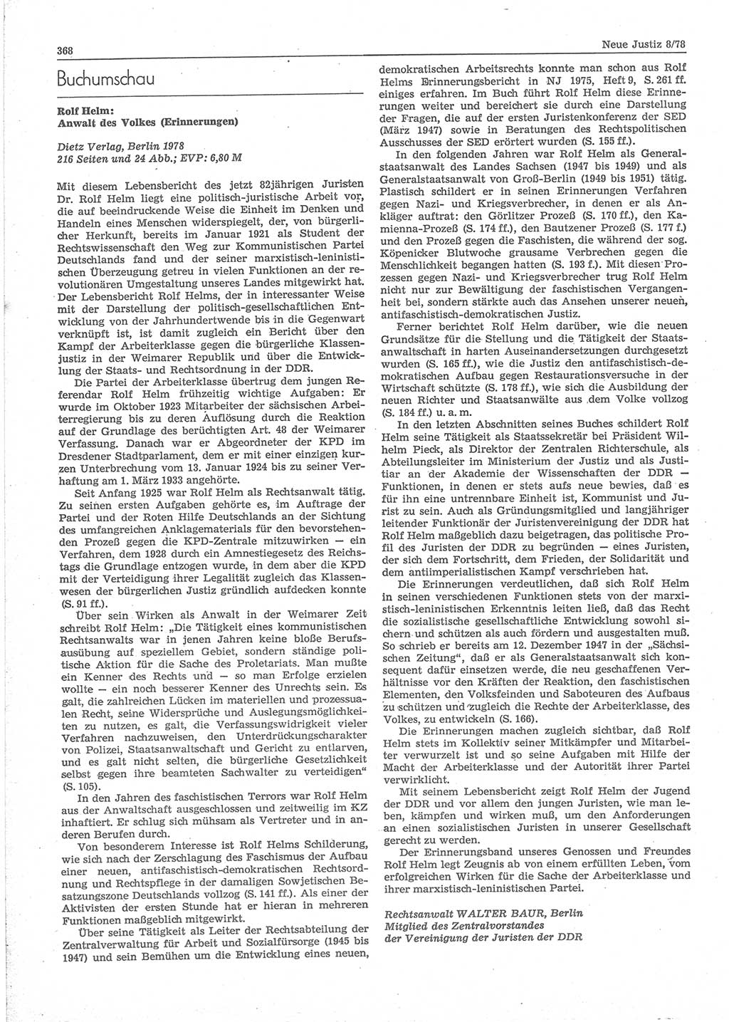 Neue Justiz (NJ), Zeitschrift für sozialistisches Recht und Gesetzlichkeit [Deutsche Demokratische Republik (DDR)], 32. Jahrgang 1978, Seite 368 (NJ DDR 1978, S. 368)