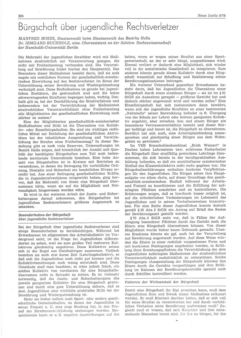 Neue Justiz (NJ), Zeitschrift für sozialistisches Recht und Gesetzlichkeit [Deutsche Demokratische Republik (DDR)], 32. Jahrgang 1978, Seite 384 (NJ DDR 1978, S. 384)