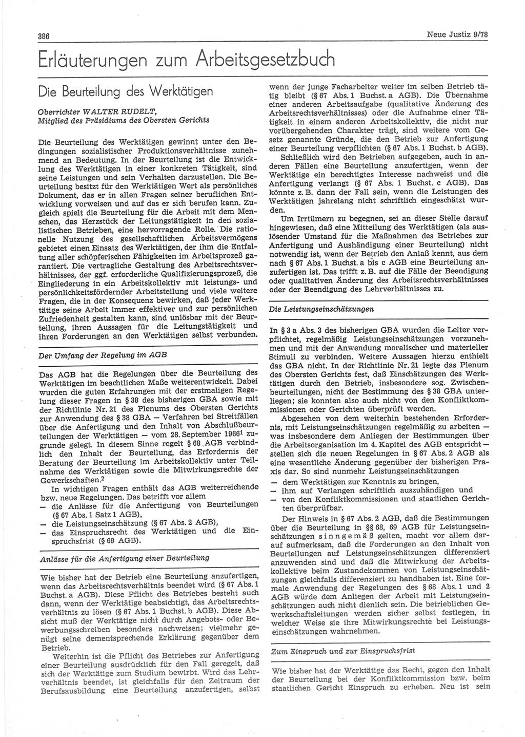 Neue Justiz (NJ), Zeitschrift für sozialistisches Recht und Gesetzlichkeit [Deutsche Demokratische Republik (DDR)], 32. Jahrgang 1978, Seite 386 (NJ DDR 1978, S. 386)