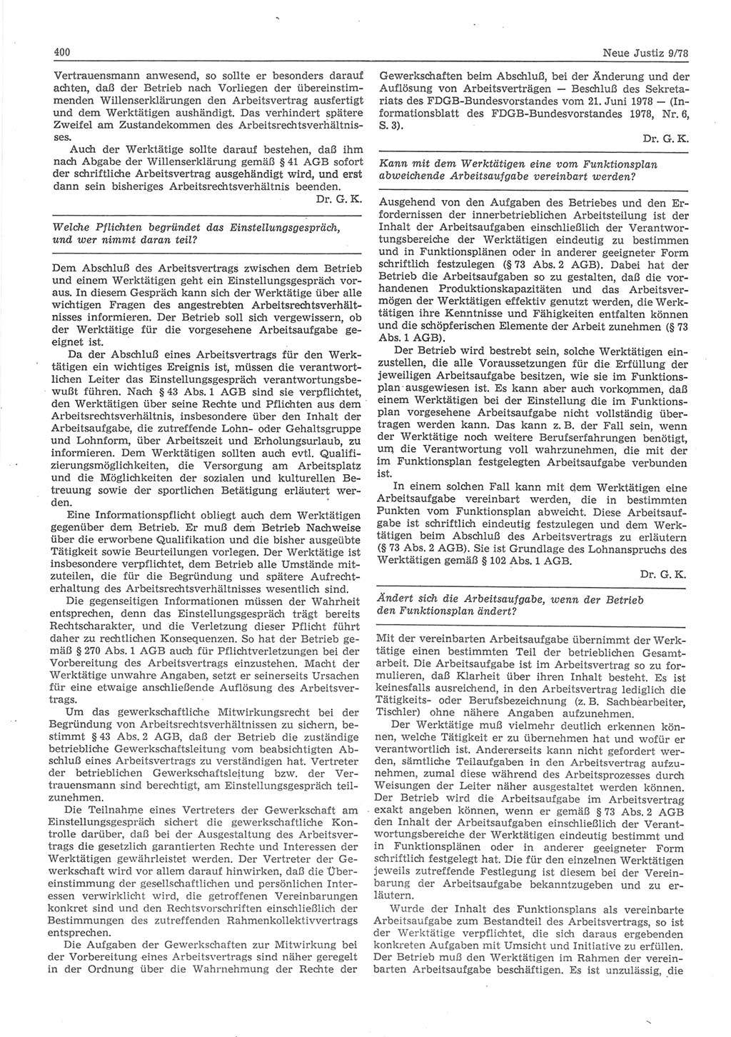 Neue Justiz (NJ), Zeitschrift für sozialistisches Recht und Gesetzlichkeit [Deutsche Demokratische Republik (DDR)], 32. Jahrgang 1978, Seite 400 (NJ DDR 1978, S. 400)