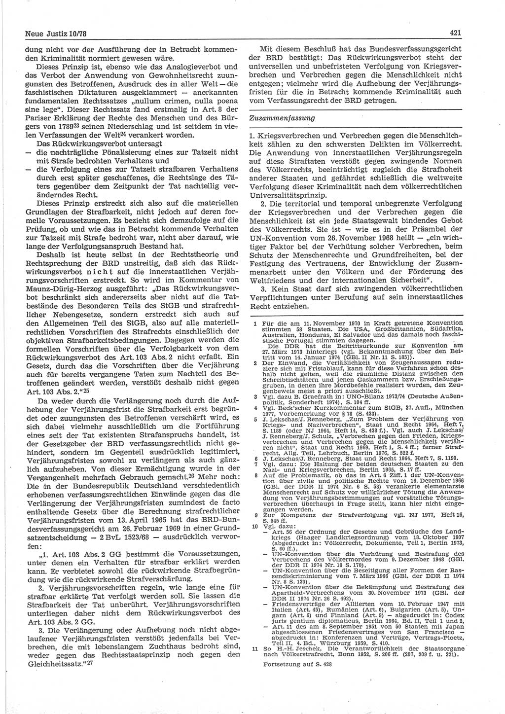 Neue Justiz (NJ), Zeitschrift für sozialistisches Recht und Gesetzlichkeit [Deutsche Demokratische Republik (DDR)], 32. Jahrgang 1978, Seite 421 (NJ DDR 1978, S. 421)