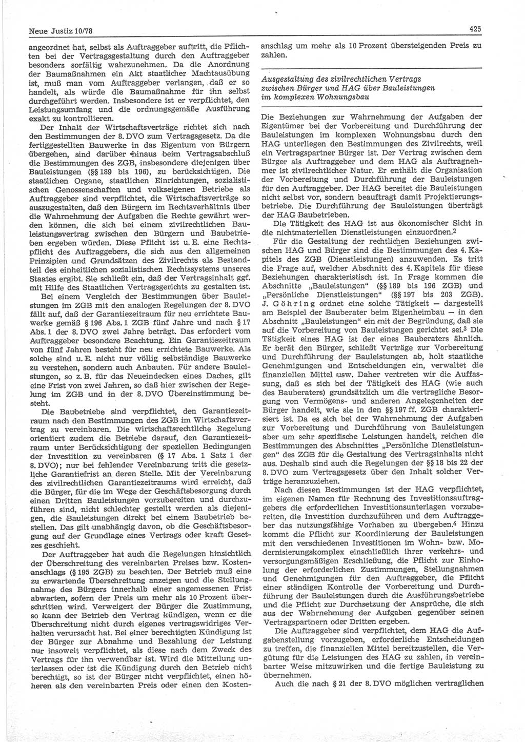 Neue Justiz (NJ), Zeitschrift für sozialistisches Recht und Gesetzlichkeit [Deutsche Demokratische Republik (DDR)], 32. Jahrgang 1978, Seite 425 (NJ DDR 1978, S. 425)