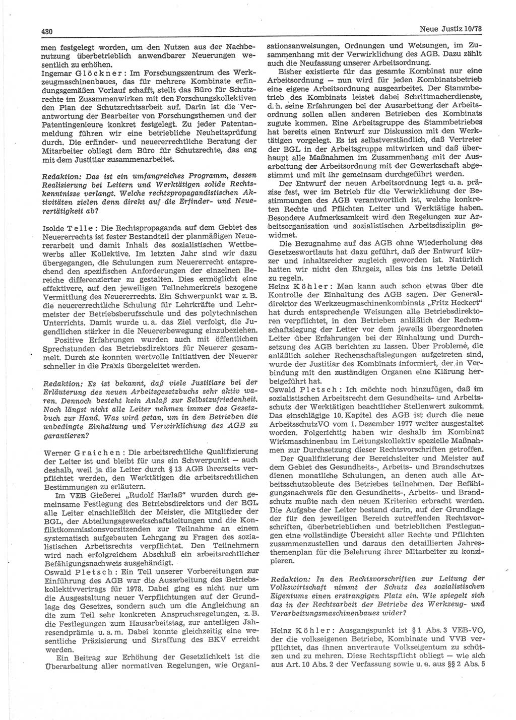 Neue Justiz (NJ), Zeitschrift für sozialistisches Recht und Gesetzlichkeit [Deutsche Demokratische Republik (DDR)], 32. Jahrgang 1978, Seite 430 (NJ DDR 1978, S. 430)