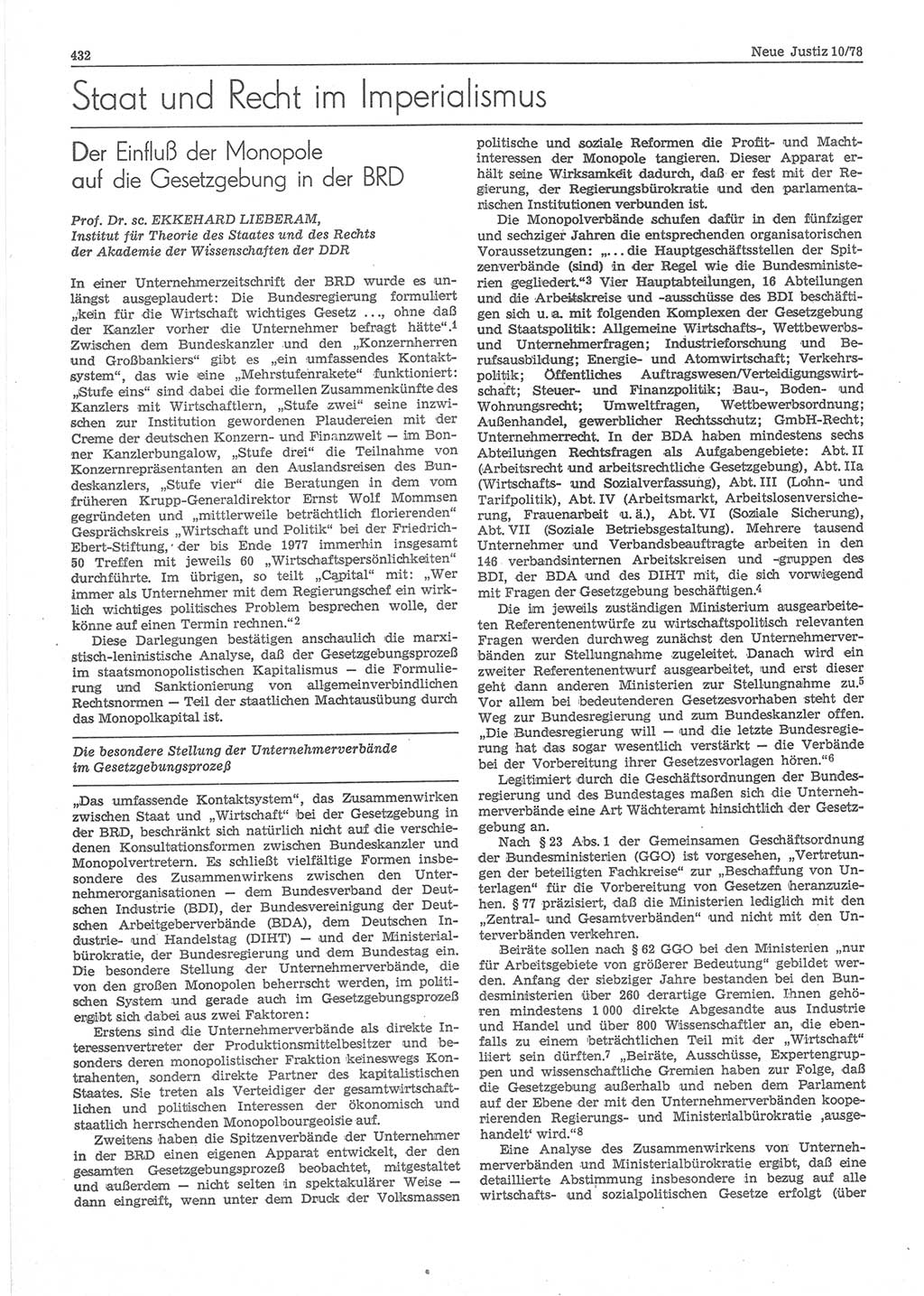 Neue Justiz (NJ), Zeitschrift für sozialistisches Recht und Gesetzlichkeit [Deutsche Demokratische Republik (DDR)], 32. Jahrgang 1978, Seite 432 (NJ DDR 1978, S. 432)