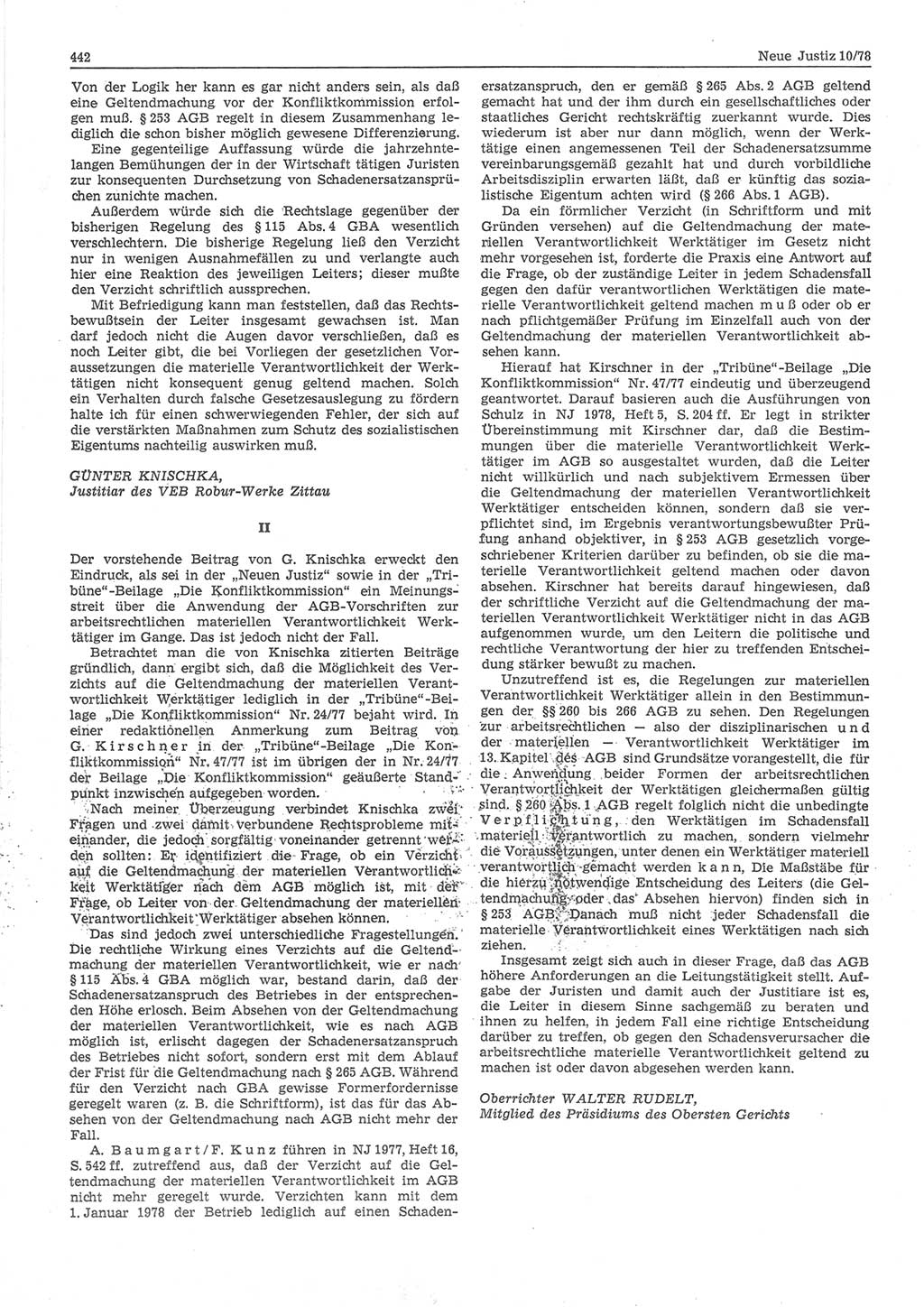 Neue Justiz (NJ), Zeitschrift für sozialistisches Recht und Gesetzlichkeit [Deutsche Demokratische Republik (DDR)], 32. Jahrgang 1978, Seite 442 (NJ DDR 1978, S. 442)