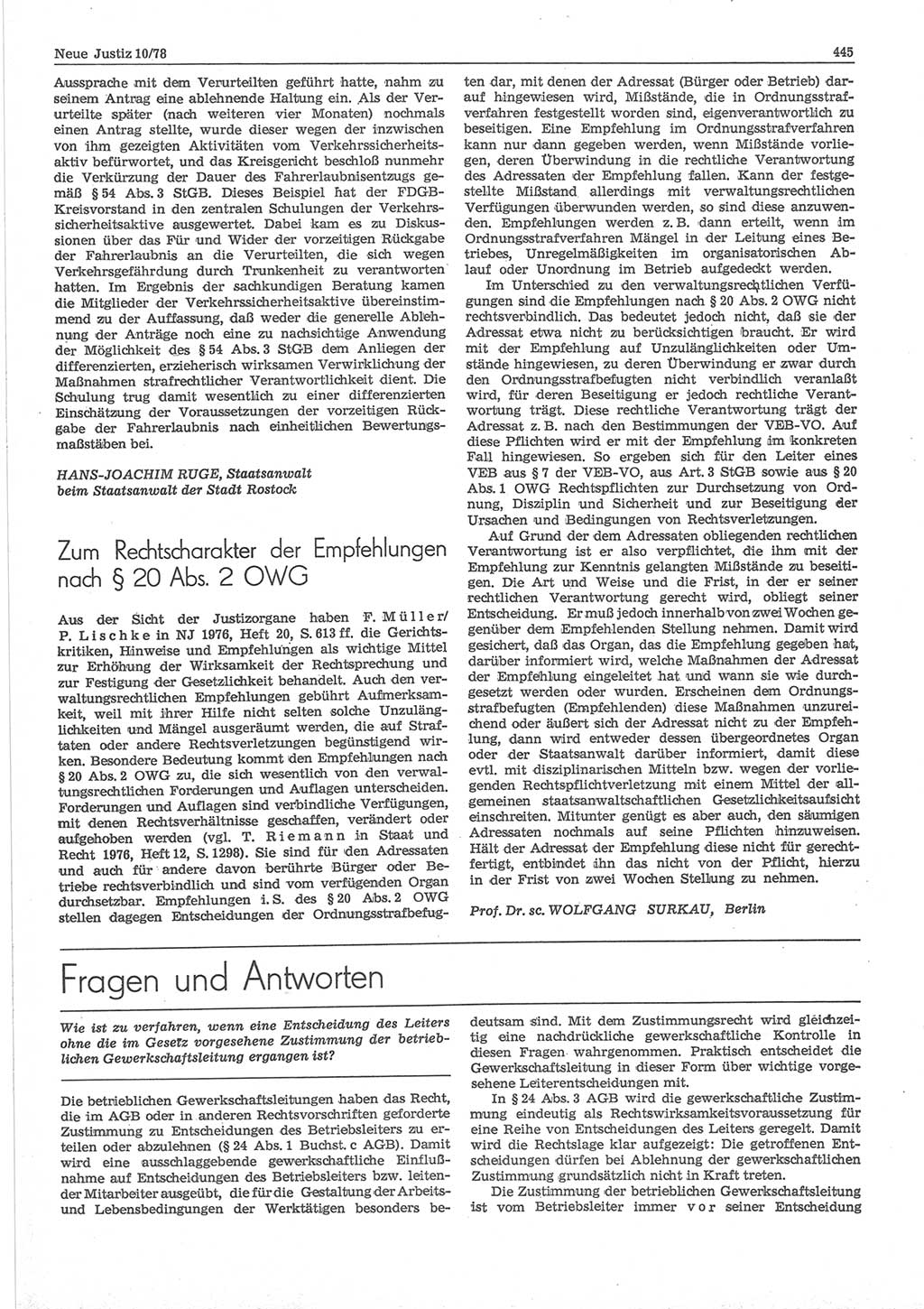 Neue Justiz (NJ), Zeitschrift für sozialistisches Recht und Gesetzlichkeit [Deutsche Demokratische Republik (DDR)], 32. Jahrgang 1978, Seite 445 (NJ DDR 1978, S. 445)