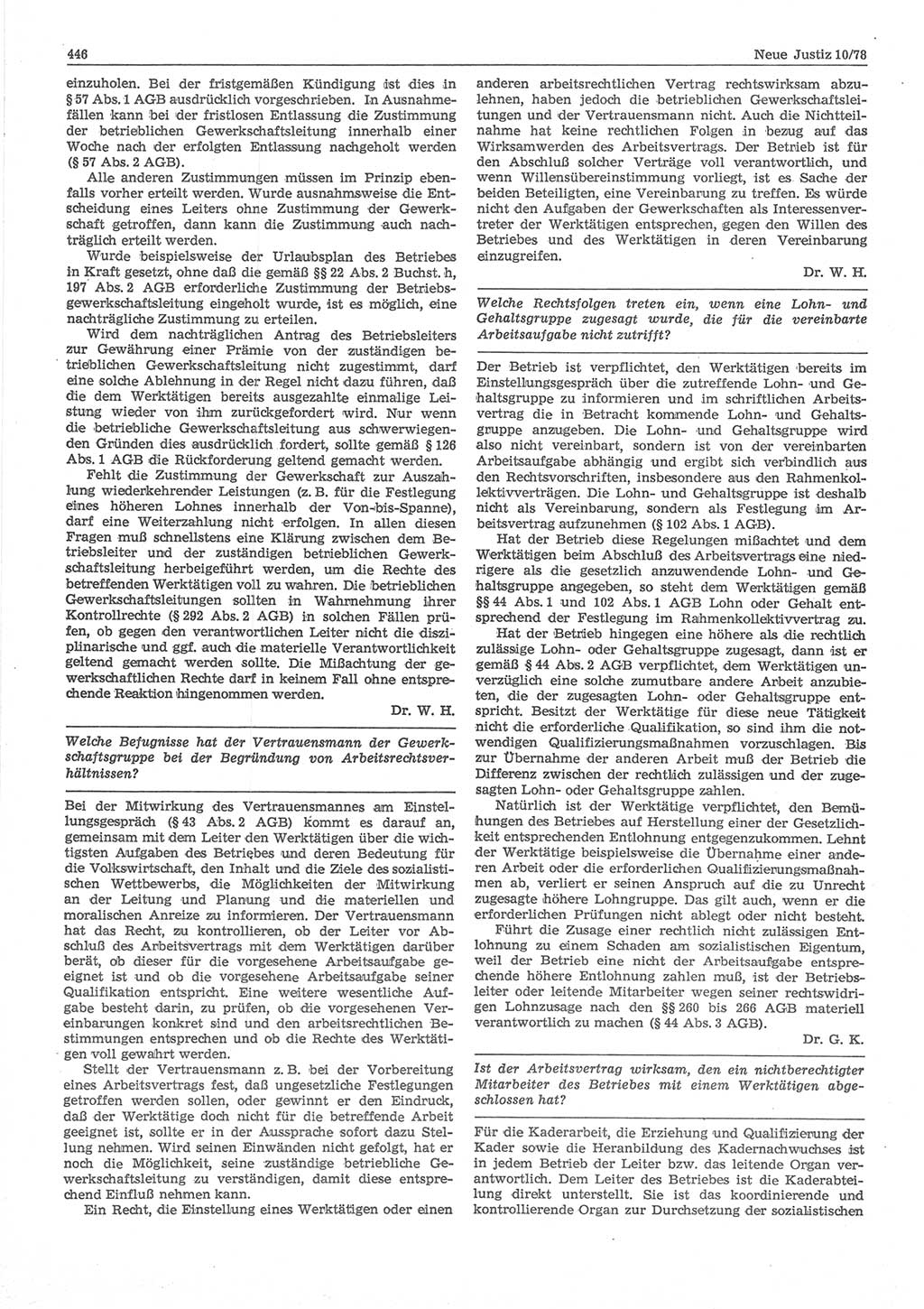 Neue Justiz (NJ), Zeitschrift für sozialistisches Recht und Gesetzlichkeit [Deutsche Demokratische Republik (DDR)], 32. Jahrgang 1978, Seite 446 (NJ DDR 1978, S. 446)