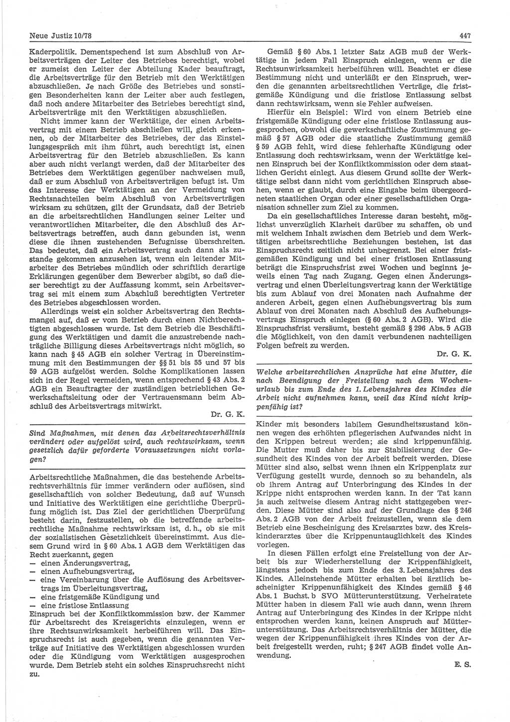 Neue Justiz (NJ), Zeitschrift für sozialistisches Recht und Gesetzlichkeit [Deutsche Demokratische Republik (DDR)], 32. Jahrgang 1978, Seite 447 (NJ DDR 1978, S. 447)