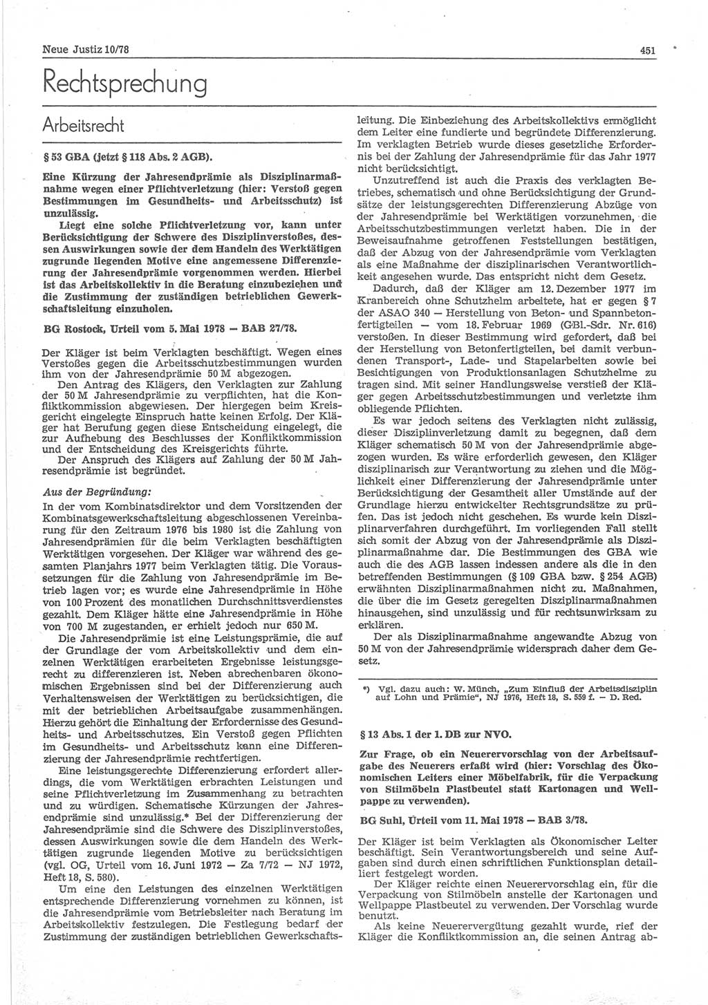 Neue Justiz (NJ), Zeitschrift für sozialistisches Recht und Gesetzlichkeit [Deutsche Demokratische Republik (DDR)], 32. Jahrgang 1978, Seite 451 (NJ DDR 1978, S. 451)