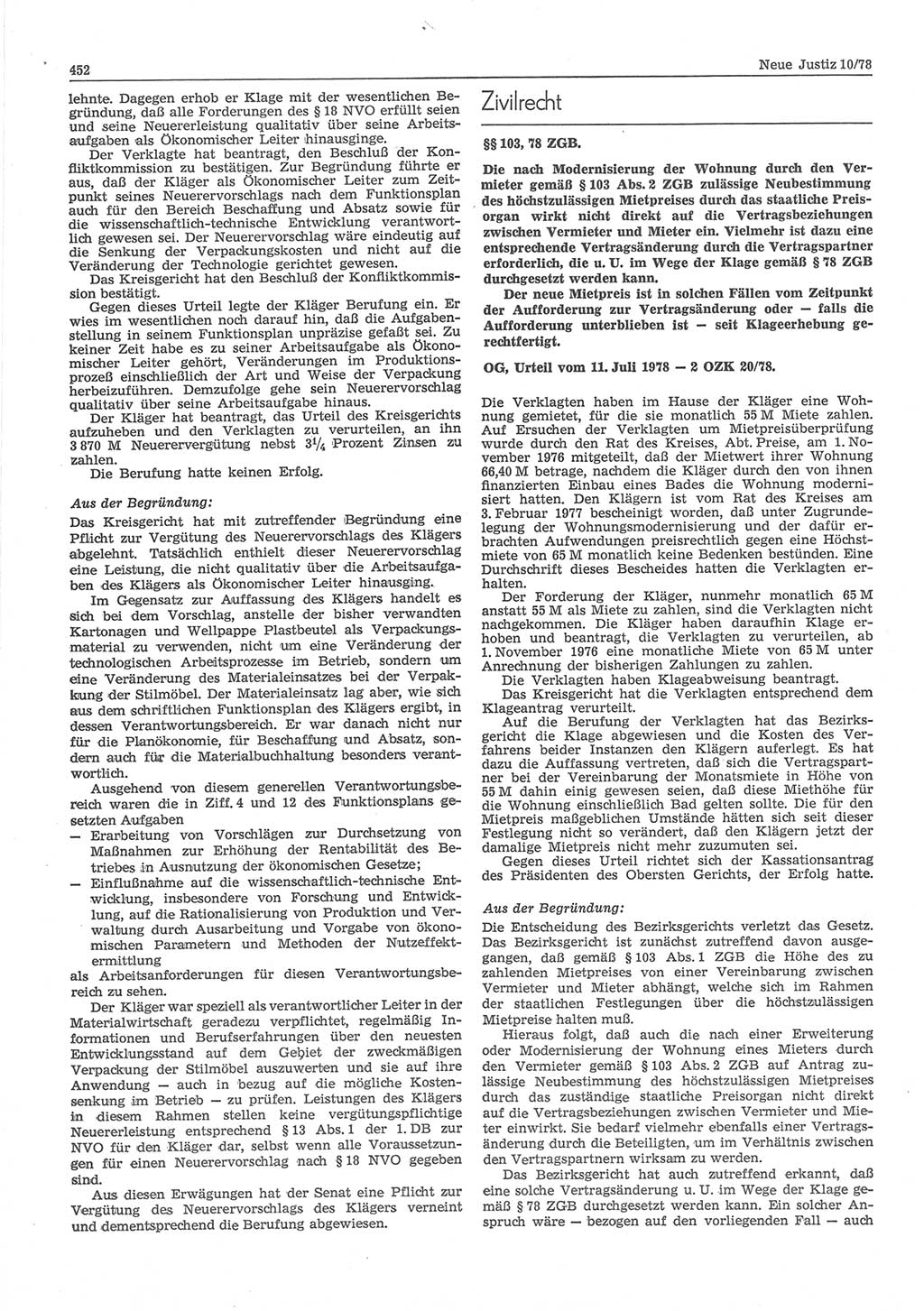 Neue Justiz (NJ), Zeitschrift für sozialistisches Recht und Gesetzlichkeit [Deutsche Demokratische Republik (DDR)], 32. Jahrgang 1978, Seite 452 (NJ DDR 1978, S. 452)