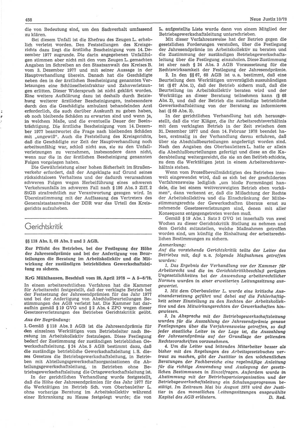 Neue Justiz (NJ), Zeitschrift für sozialistisches Recht und Gesetzlichkeit [Deutsche Demokratische Republik (DDR)], 32. Jahrgang 1978, Seite 458 (NJ DDR 1978, S. 458)