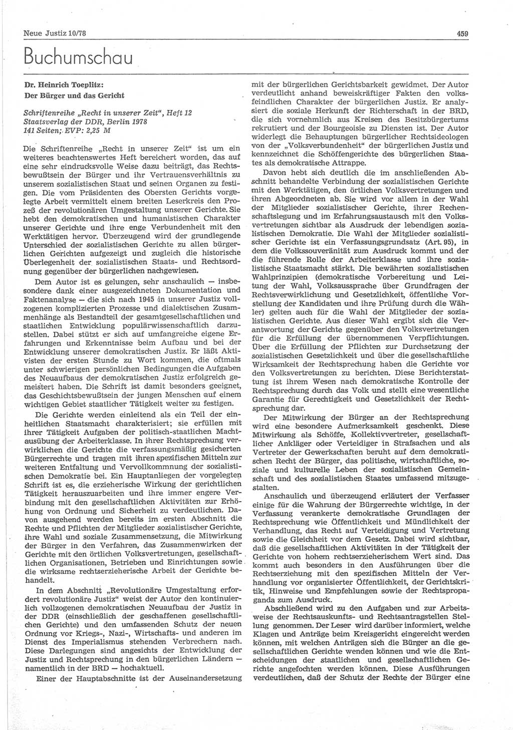 Neue Justiz (NJ), Zeitschrift für sozialistisches Recht und Gesetzlichkeit [Deutsche Demokratische Republik (DDR)], 32. Jahrgang 1978, Seite 459 (NJ DDR 1978, S. 459)