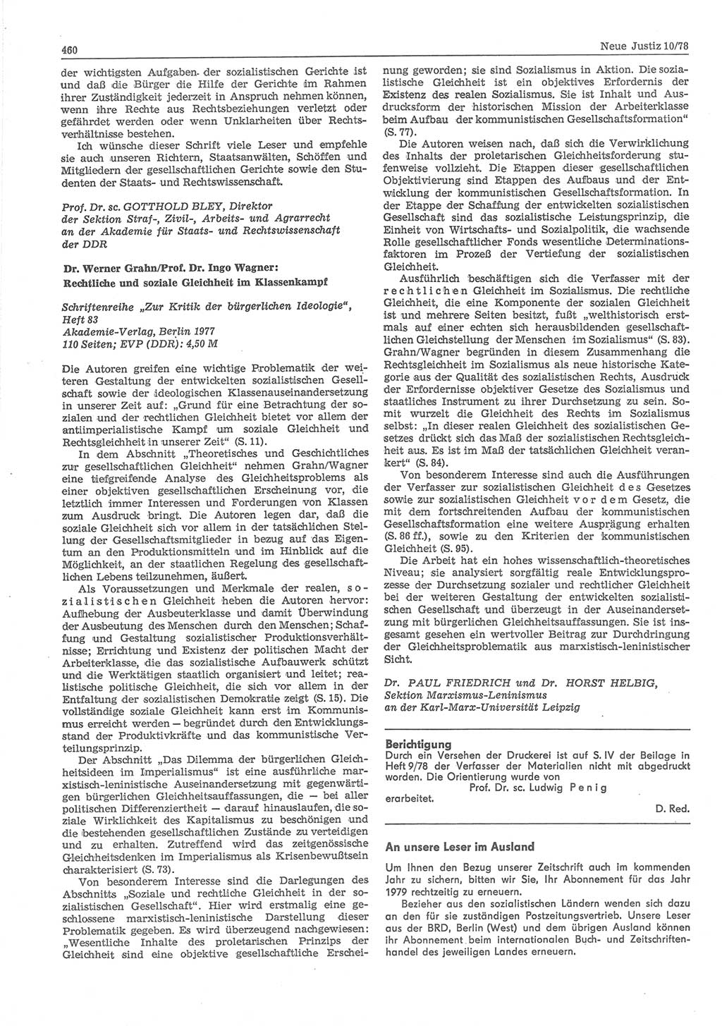 Neue Justiz (NJ), Zeitschrift für sozialistisches Recht und Gesetzlichkeit [Deutsche Demokratische Republik (DDR)], 32. Jahrgang 1978, Seite 460 (NJ DDR 1978, S. 460)