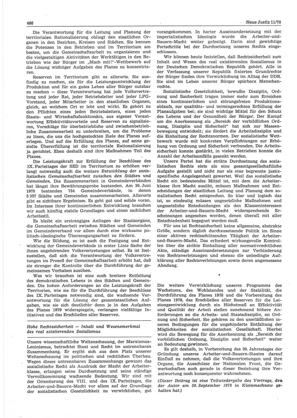 Neue Justiz (NJ), Zeitschrift für sozialistisches Recht und Gesetzlichkeit [Deutsche Demokratische Republik (DDR)], 32. Jahrgang 1978, Seite 466 (NJ DDR 1978, S. 466)