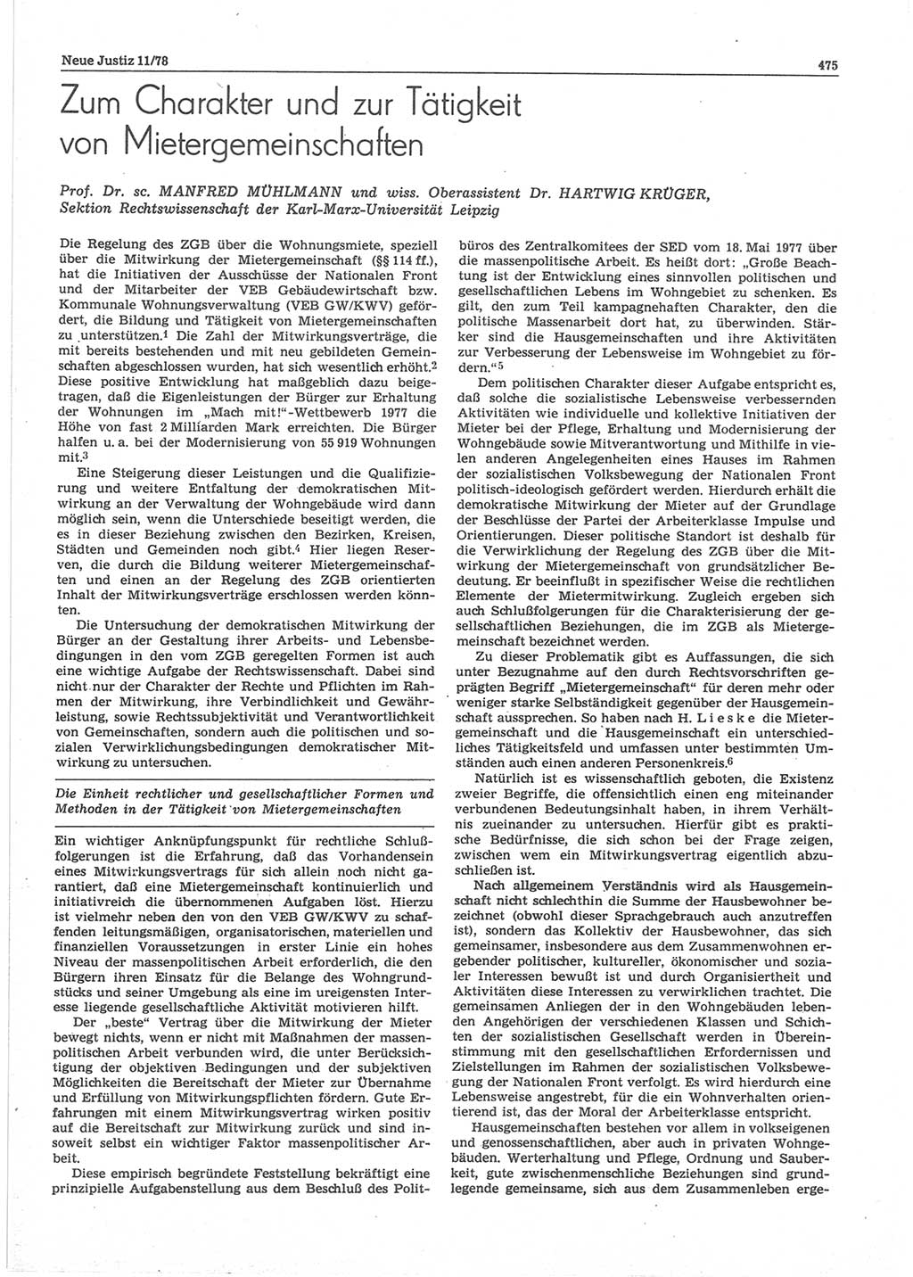 Neue Justiz (NJ), Zeitschrift für sozialistisches Recht und Gesetzlichkeit [Deutsche Demokratische Republik (DDR)], 32. Jahrgang 1978, Seite 475 (NJ DDR 1978, S. 475)