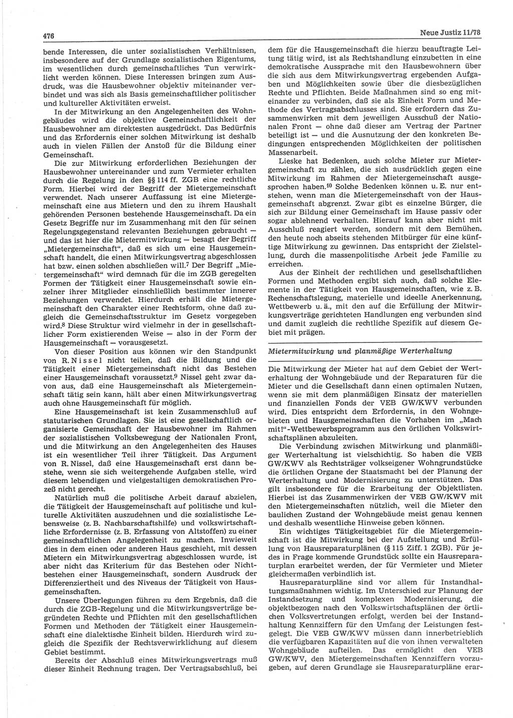 Neue Justiz (NJ), Zeitschrift für sozialistisches Recht und Gesetzlichkeit [Deutsche Demokratische Republik (DDR)], 32. Jahrgang 1978, Seite 476 (NJ DDR 1978, S. 476)