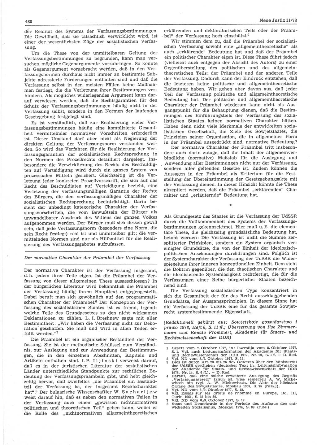 Neue Justiz (NJ), Zeitschrift für sozialistisches Recht und Gesetzlichkeit [Deutsche Demokratische Republik (DDR)], 32. Jahrgang 1978, Seite 480 (NJ DDR 1978, S. 480)