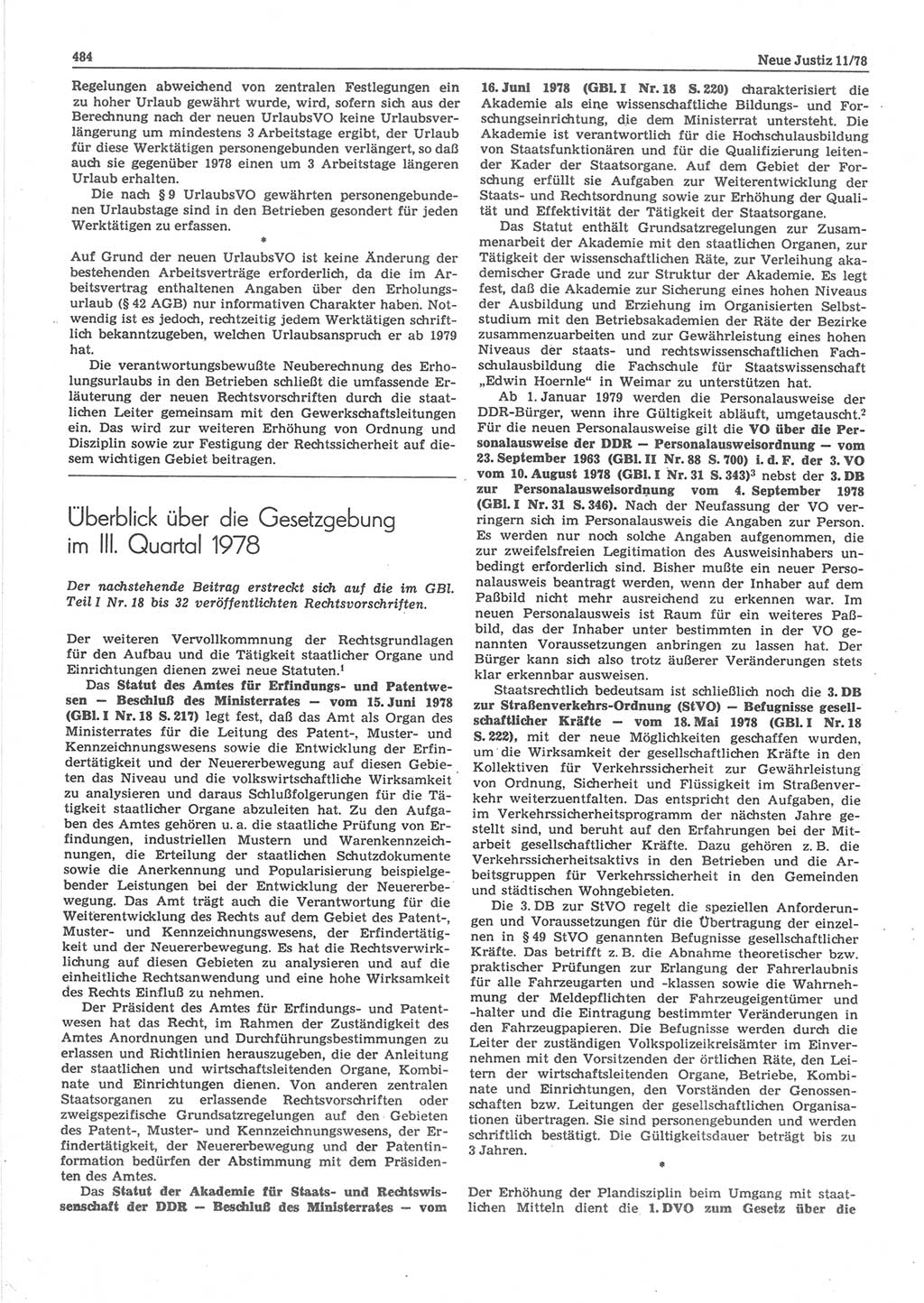 Neue Justiz (NJ), Zeitschrift für sozialistisches Recht und Gesetzlichkeit [Deutsche Demokratische Republik (DDR)], 32. Jahrgang 1978, Seite 484 (NJ DDR 1978, S. 484)