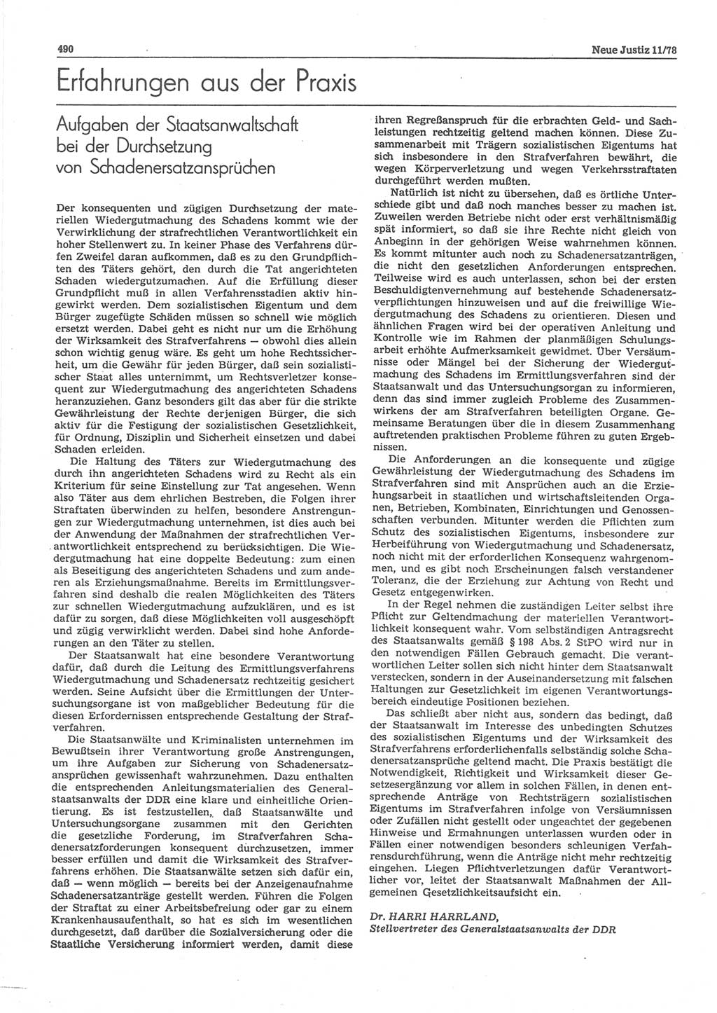 Neue Justiz (NJ), Zeitschrift für sozialistisches Recht und Gesetzlichkeit [Deutsche Demokratische Republik (DDR)], 32. Jahrgang 1978, Seite 490 (NJ DDR 1978, S. 490)