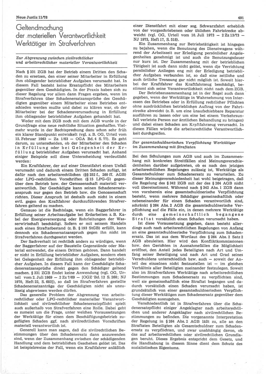 Neue Justiz (NJ), Zeitschrift für sozialistisches Recht und Gesetzlichkeit [Deutsche Demokratische Republik (DDR)], 32. Jahrgang 1978, Seite 491 (NJ DDR 1978, S. 491)