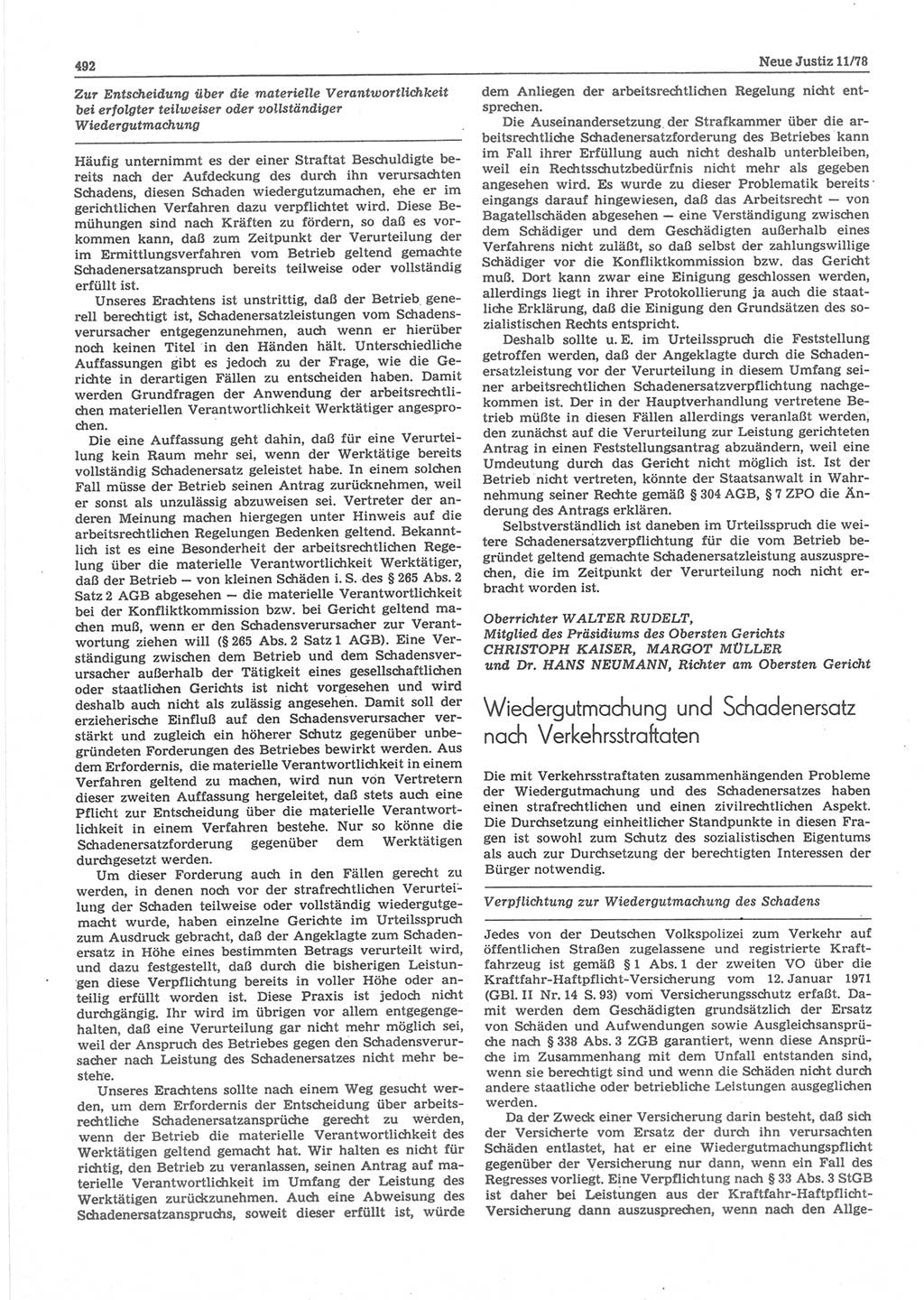 Neue Justiz (NJ), Zeitschrift für sozialistisches Recht und Gesetzlichkeit [Deutsche Demokratische Republik (DDR)], 32. Jahrgang 1978, Seite 492 (NJ DDR 1978, S. 492)