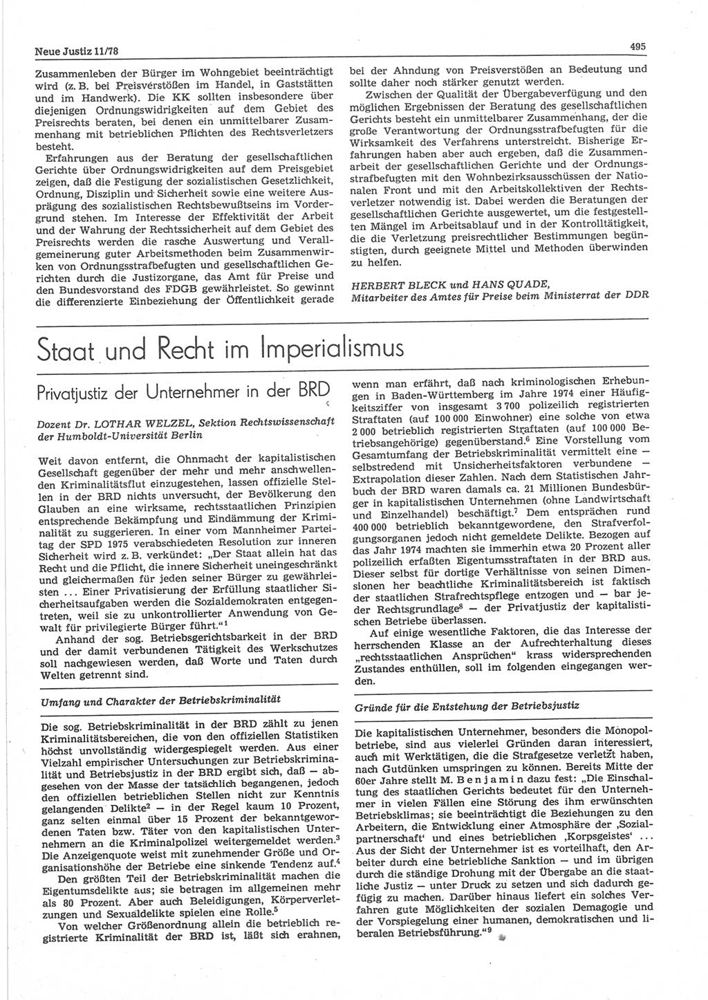 Neue Justiz (NJ), Zeitschrift für sozialistisches Recht und Gesetzlichkeit [Deutsche Demokratische Republik (DDR)], 32. Jahrgang 1978, Seite 495 (NJ DDR 1978, S. 495)