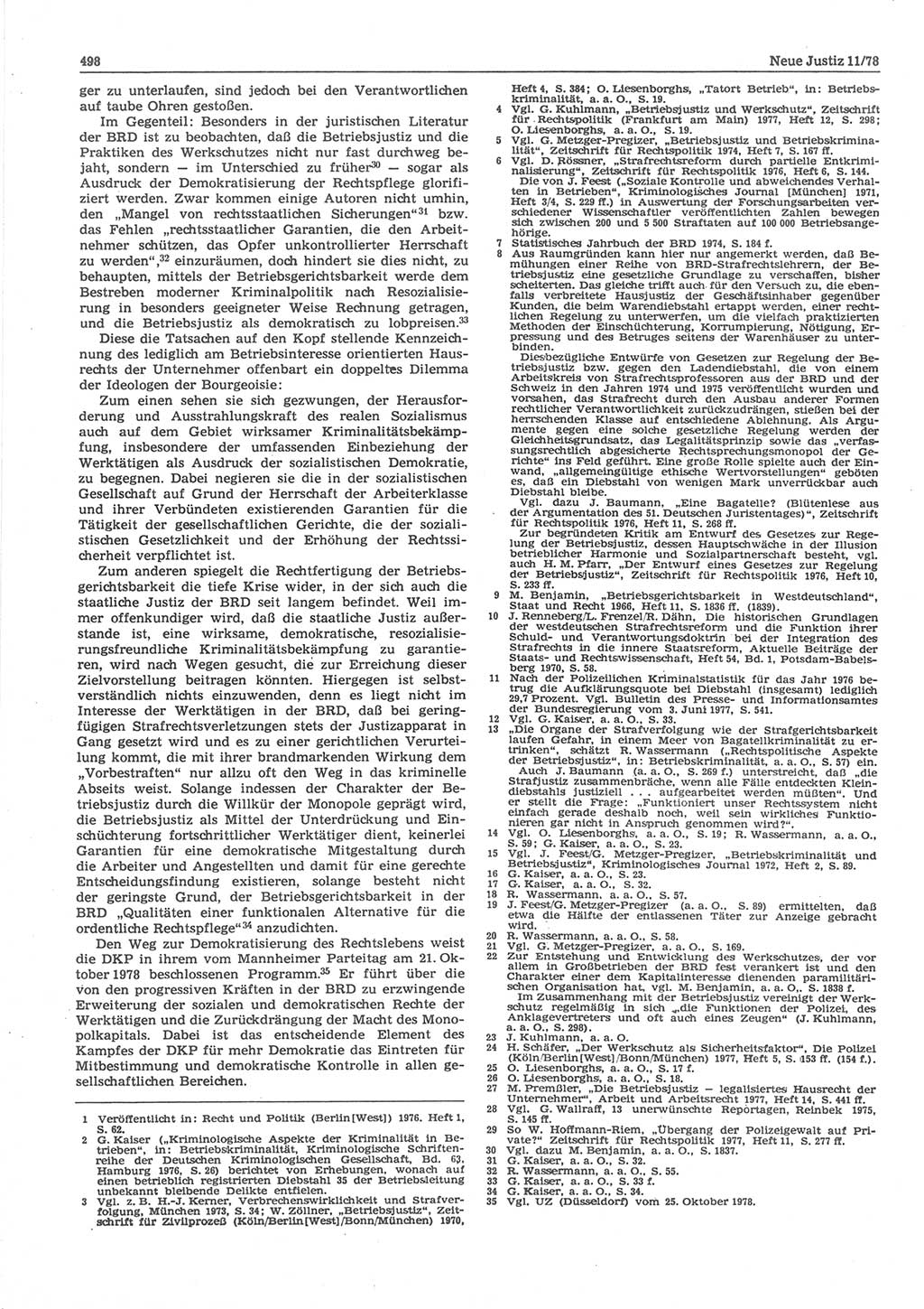 Neue Justiz (NJ), Zeitschrift für sozialistisches Recht und Gesetzlichkeit [Deutsche Demokratische Republik (DDR)], 32. Jahrgang 1978, Seite 498 (NJ DDR 1978, S. 498)