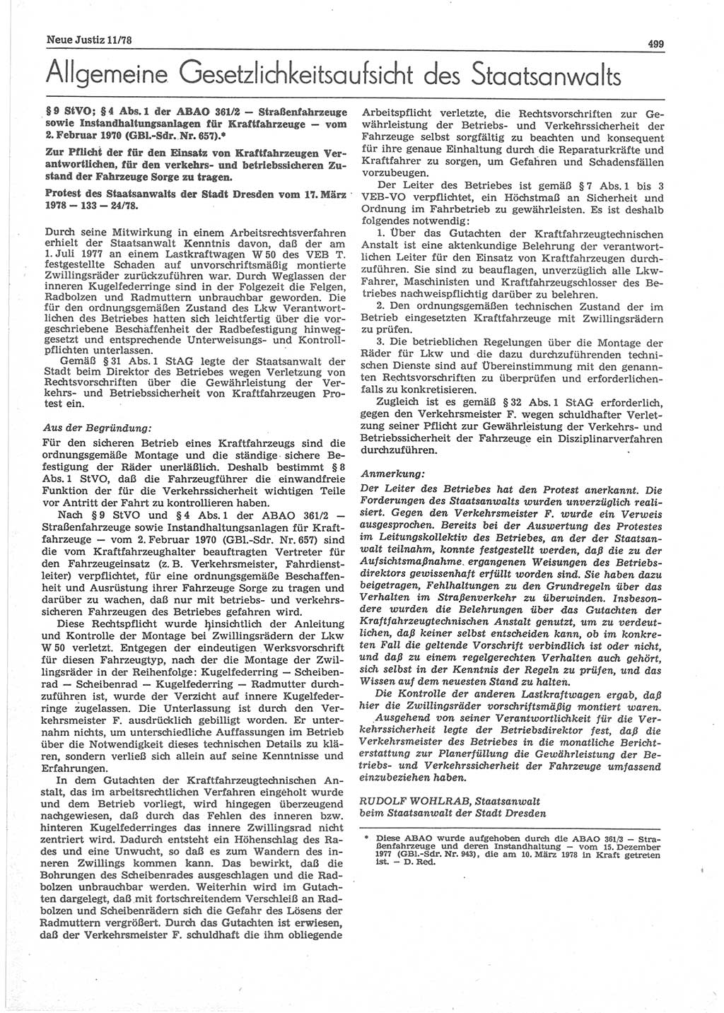 Neue Justiz (NJ), Zeitschrift für sozialistisches Recht und Gesetzlichkeit [Deutsche Demokratische Republik (DDR)], 32. Jahrgang 1978, Seite 499 (NJ DDR 1978, S. 499)
