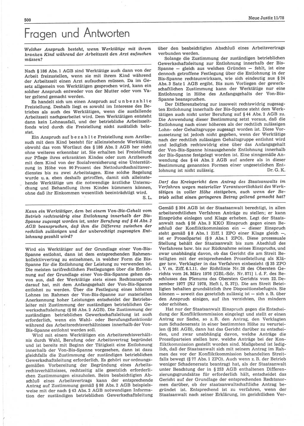 Neue Justiz (NJ), Zeitschrift für sozialistisches Recht und Gesetzlichkeit [Deutsche Demokratische Republik (DDR)], 32. Jahrgang 1978, Seite 500 (NJ DDR 1978, S. 500)