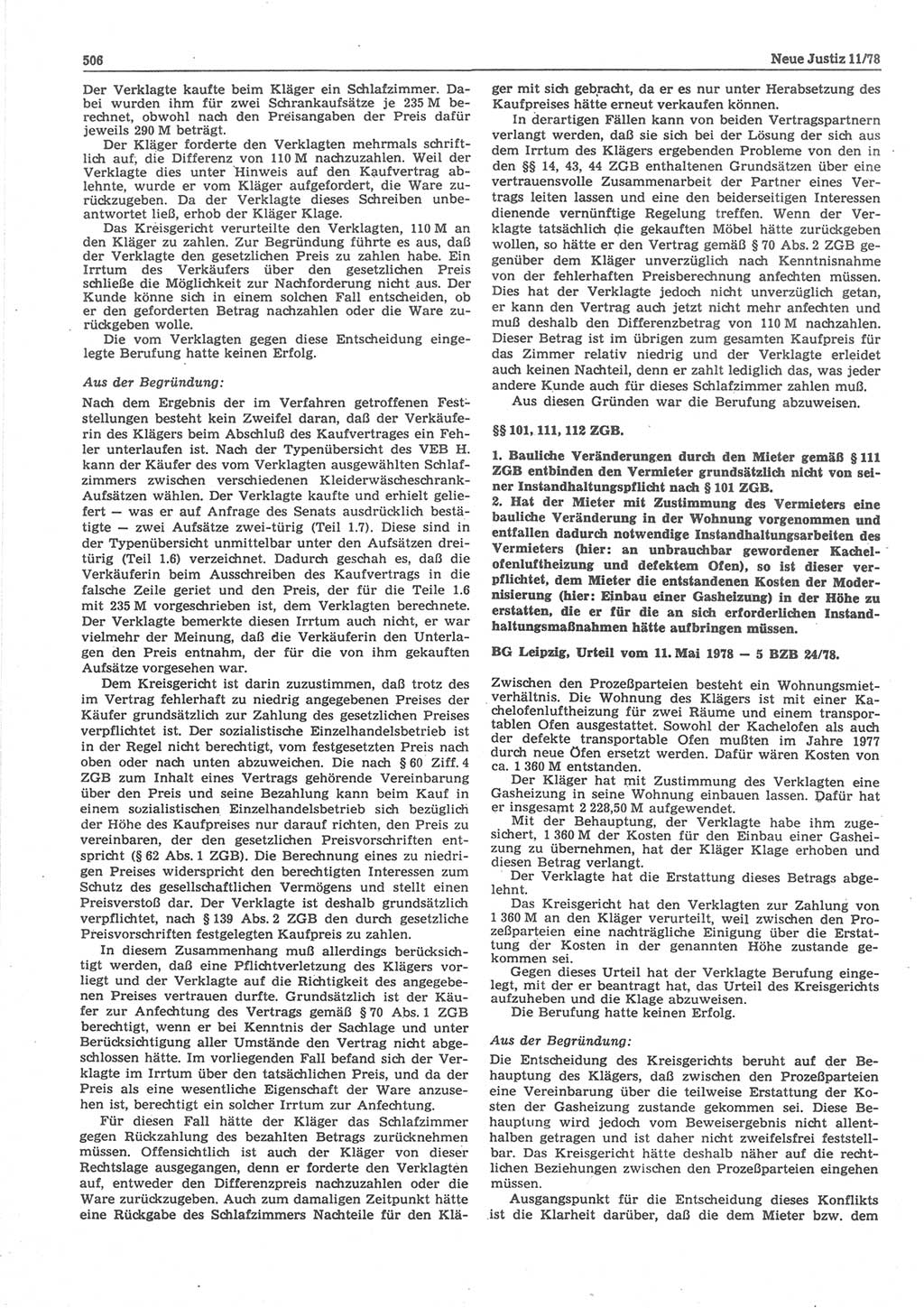 Neue Justiz (NJ), Zeitschrift für sozialistisches Recht und Gesetzlichkeit [Deutsche Demokratische Republik (DDR)], 32. Jahrgang 1978, Seite 506 (NJ DDR 1978, S. 506)