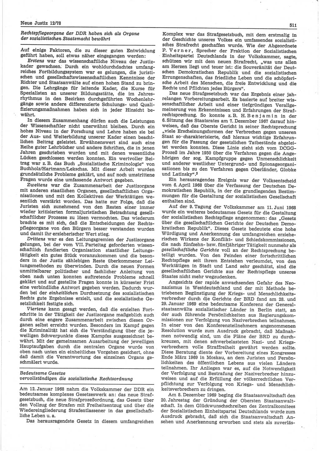 Neue Justiz (NJ), Zeitschrift für sozialistisches Recht und Gesetzlichkeit [Deutsche Demokratische Republik (DDR)], 32. Jahrgang 1978, Seite 511 (NJ DDR 1978, S. 511)