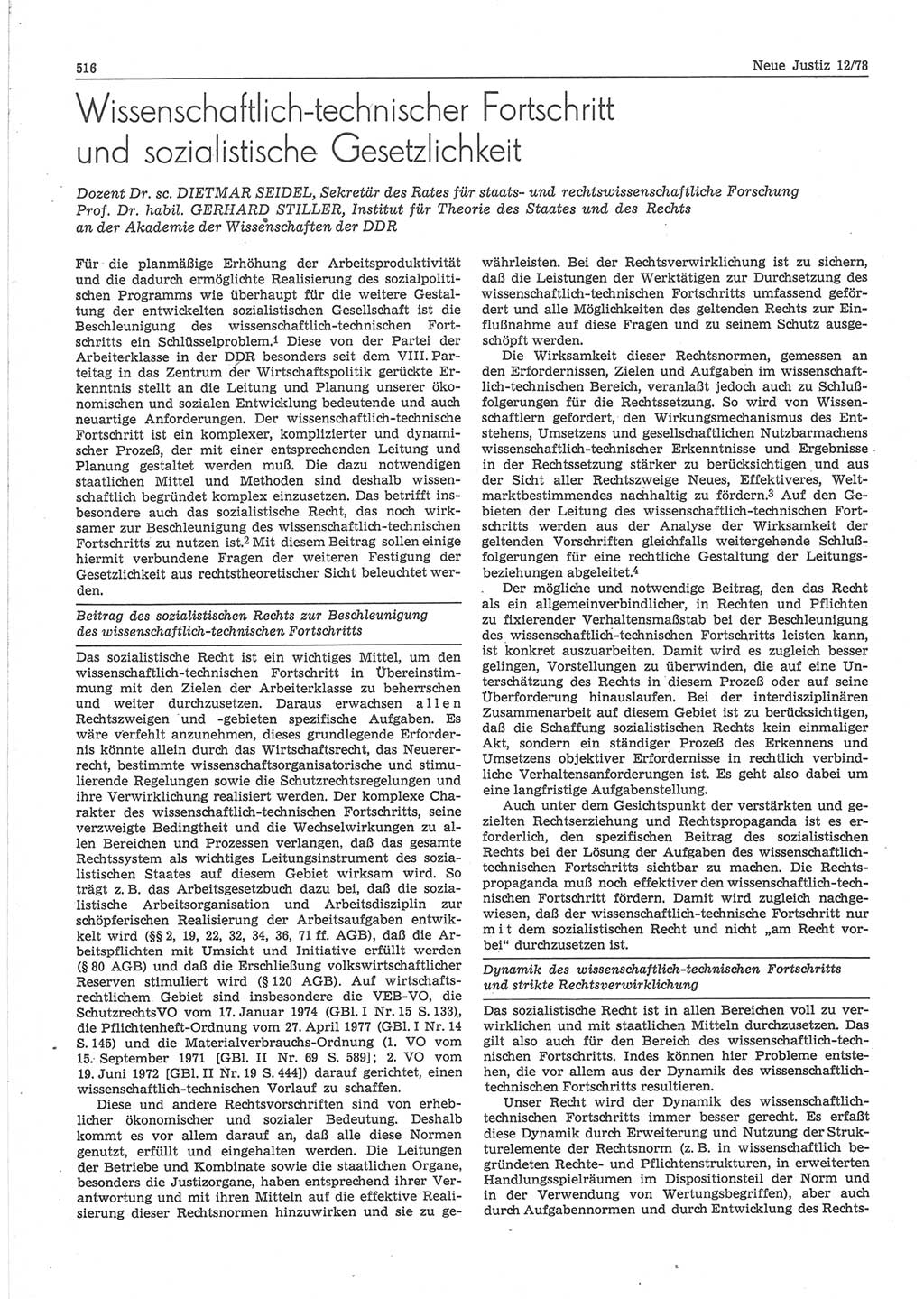 Neue Justiz (NJ), Zeitschrift für sozialistisches Recht und Gesetzlichkeit [Deutsche Demokratische Republik (DDR)], 32. Jahrgang 1978, Seite 516 (NJ DDR 1978, S. 516)