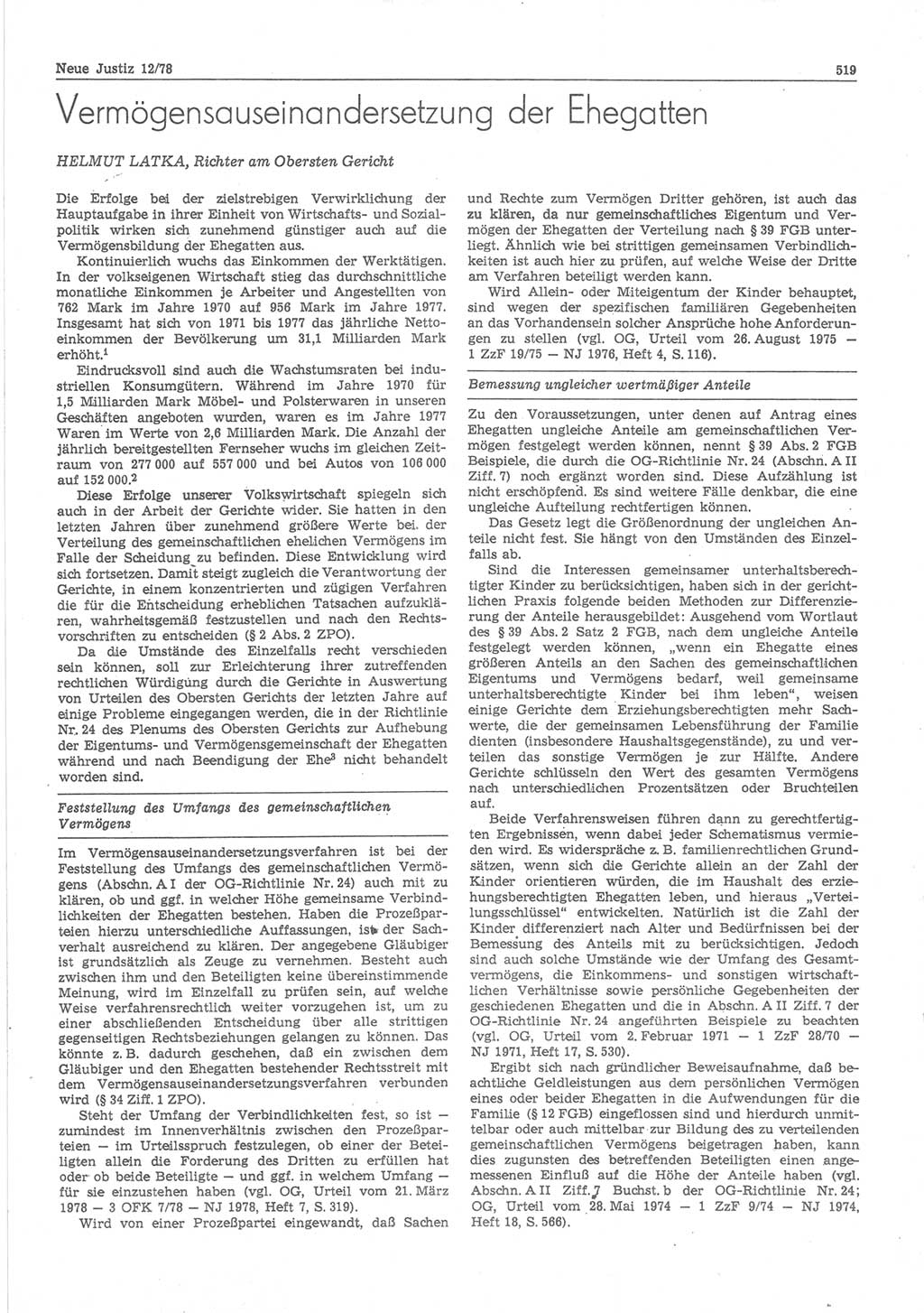 Neue Justiz (NJ), Zeitschrift für sozialistisches Recht und Gesetzlichkeit [Deutsche Demokratische Republik (DDR)], 32. Jahrgang 1978, Seite 519 (NJ DDR 1978, S. 519)