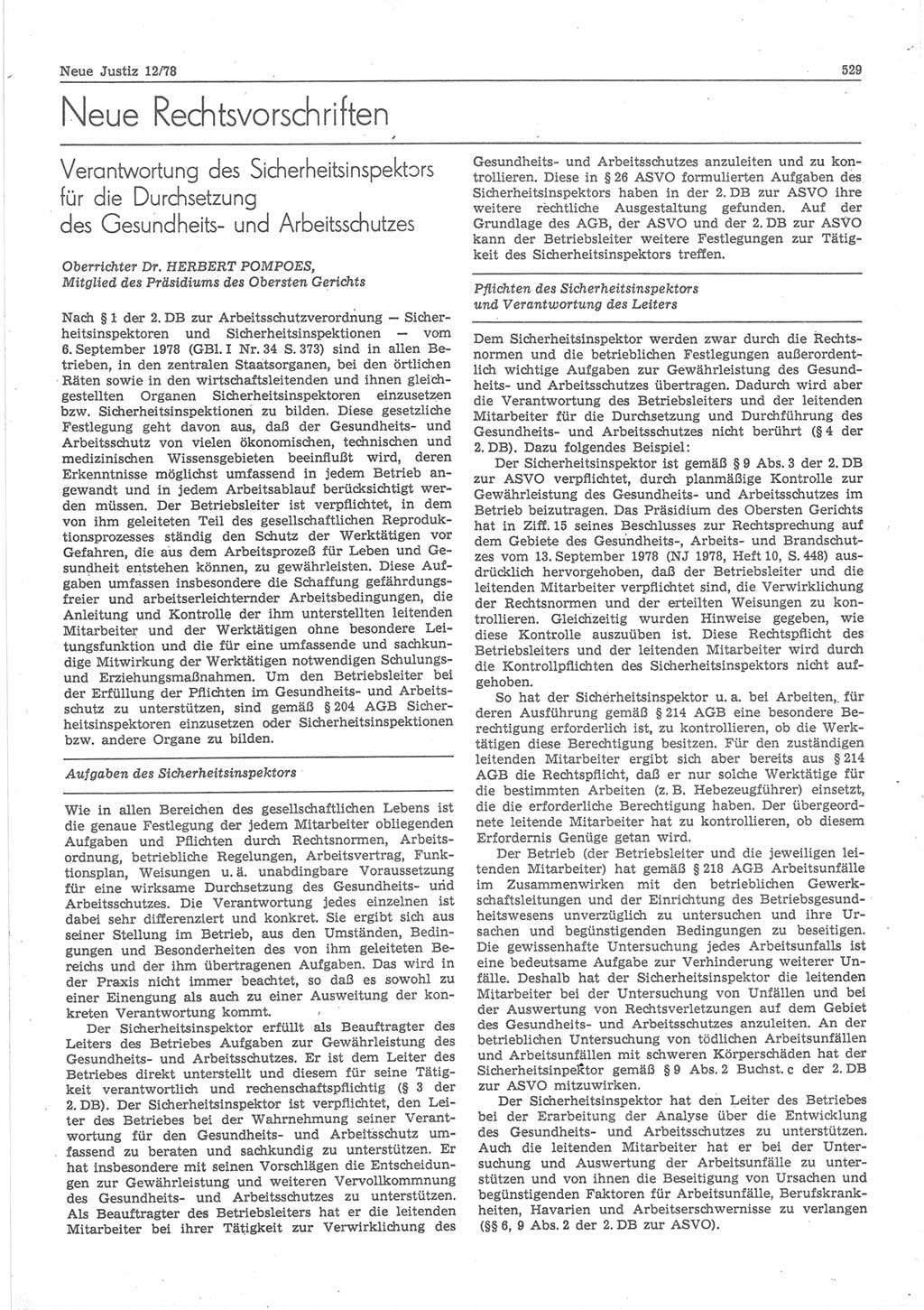 Neue Justiz (NJ), Zeitschrift für sozialistisches Recht und Gesetzlichkeit [Deutsche Demokratische Republik (DDR)], 32. Jahrgang 1978, Seite 529 (NJ DDR 1978, S. 529)