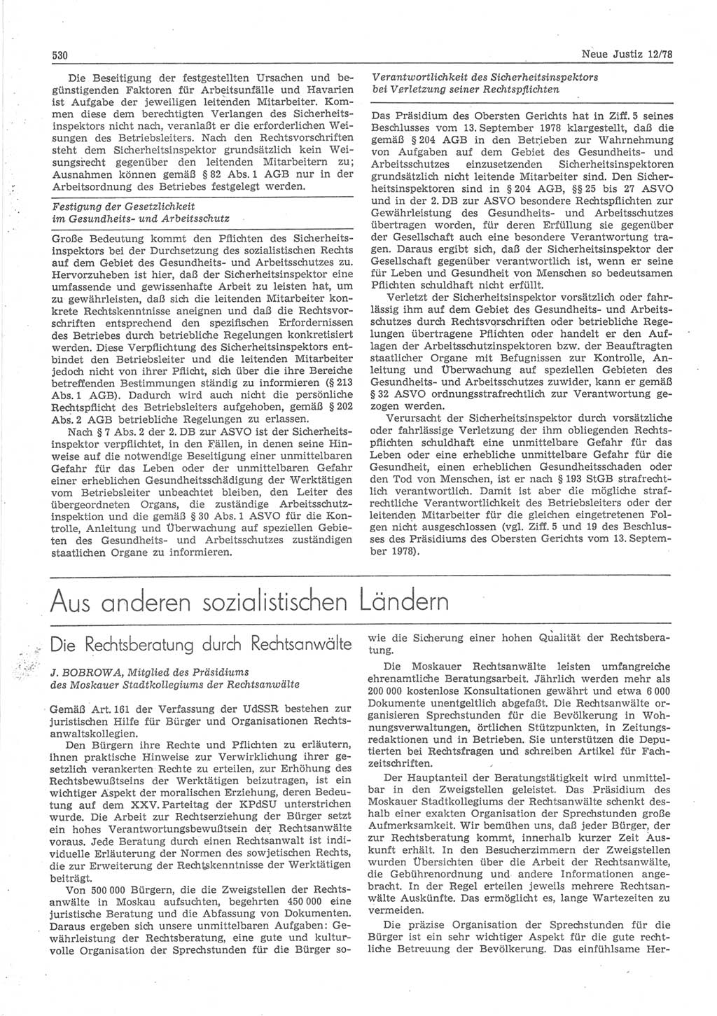 Neue Justiz (NJ), Zeitschrift für sozialistisches Recht und Gesetzlichkeit [Deutsche Demokratische Republik (DDR)], 32. Jahrgang 1978, Seite 530 (NJ DDR 1978, S. 530)