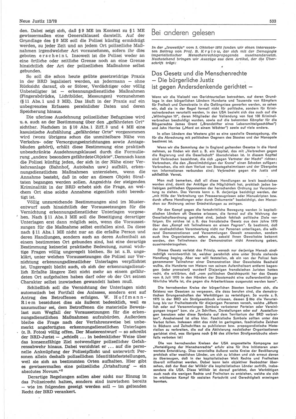 Neue Justiz (NJ), Zeitschrift für sozialistisches Recht und Gesetzlichkeit [Deutsche Demokratische Republik (DDR)], 32. Jahrgang 1978, Seite 533 (NJ DDR 1978, S. 533)