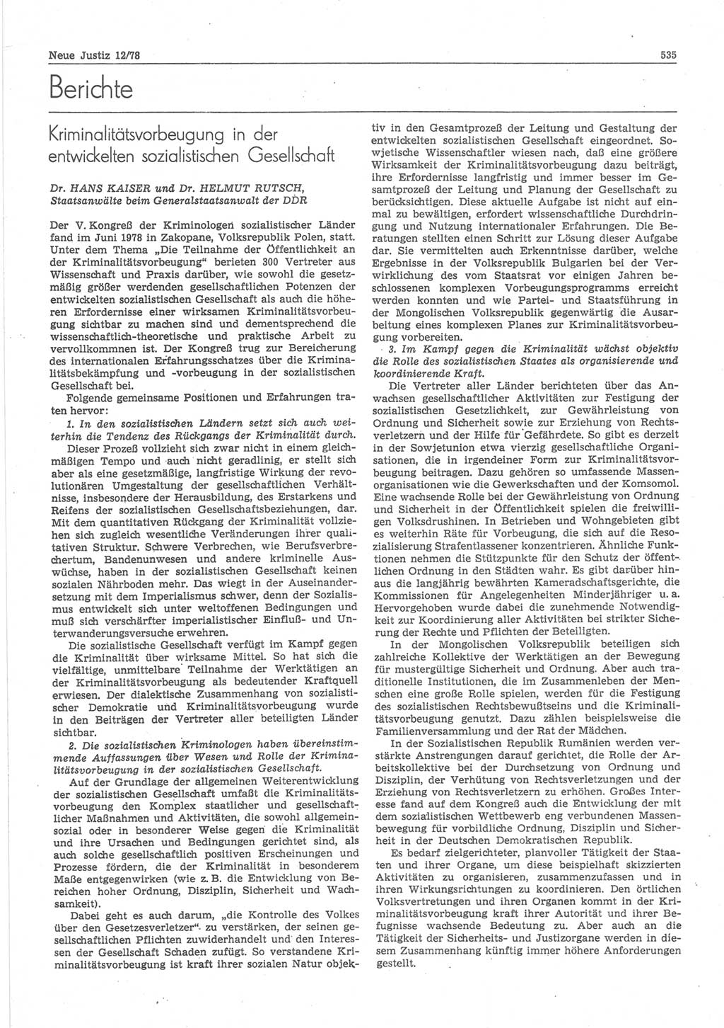Neue Justiz (NJ), Zeitschrift für sozialistisches Recht und Gesetzlichkeit [Deutsche Demokratische Republik (DDR)], 32. Jahrgang 1978, Seite 535 (NJ DDR 1978, S. 535)