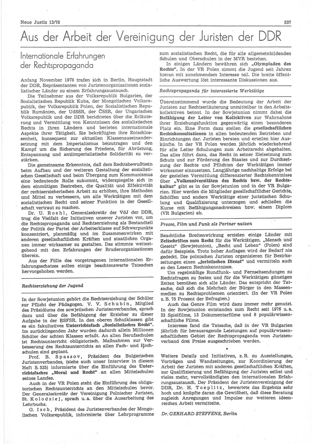 Neue Justiz (NJ), Zeitschrift für sozialistisches Recht und Gesetzlichkeit [Deutsche Demokratische Republik (DDR)], 32. Jahrgang 1978, Seite 537 (NJ DDR 1978, S. 537)