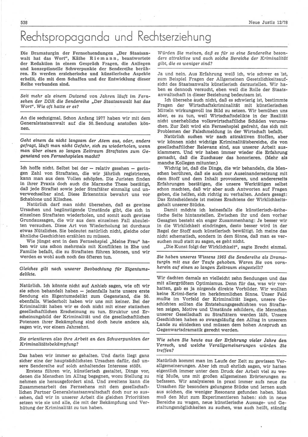 Neue Justiz (NJ), Zeitschrift für sozialistisches Recht und Gesetzlichkeit [Deutsche Demokratische Republik (DDR)], 32. Jahrgang 1978, Seite 538 (NJ DDR 1978, S. 538)