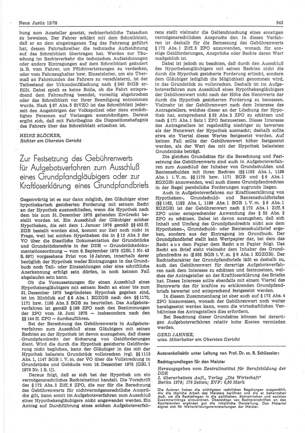 Neue Justiz (NJ), Zeitschrift für sozialistisches Recht und Gesetzlichkeit [Deutsche Demokratische Republik (DDR)], 32. Jahrgang 1978, Seite 543 (NJ DDR 1978, S. 543)