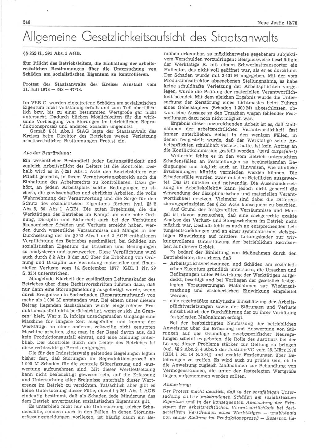 Neue Justiz (NJ), Zeitschrift für sozialistisches Recht und Gesetzlichkeit [Deutsche Demokratische Republik (DDR)], 32. Jahrgang 1978, Seite 546 (NJ DDR 1978, S. 546)